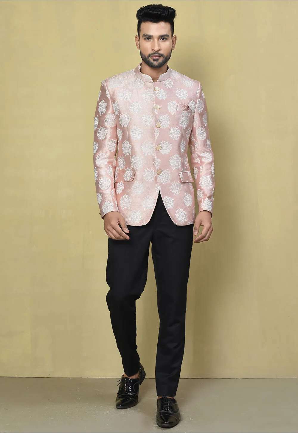 Rose Gold Embroidered Jacquard Bandhgala For Men - Indya