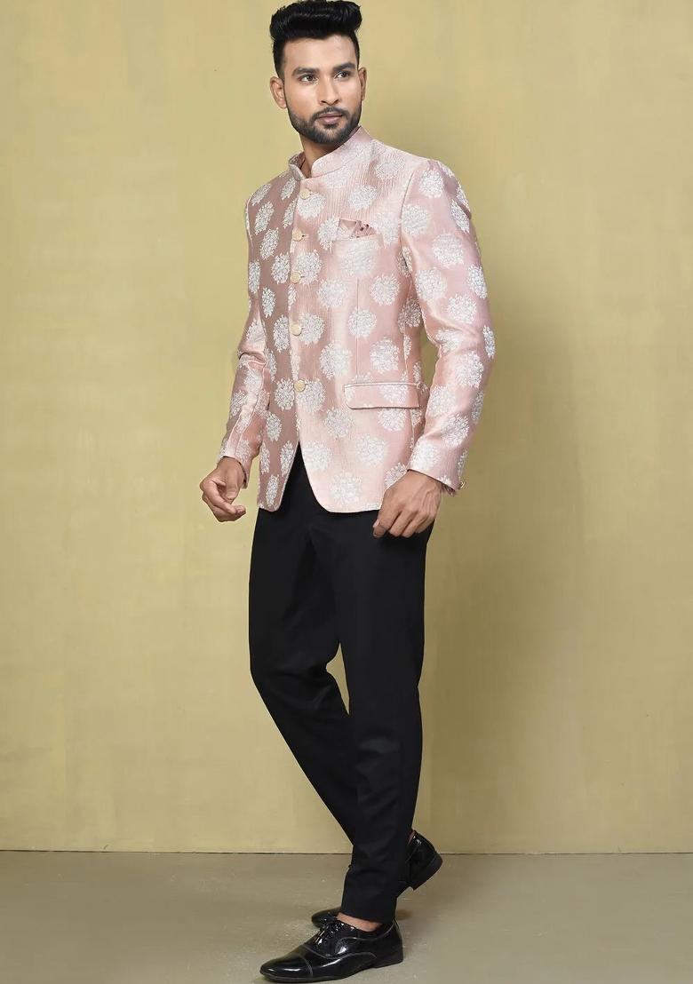 Rose Gold Embroidered Jacquard Bandhgala For Men