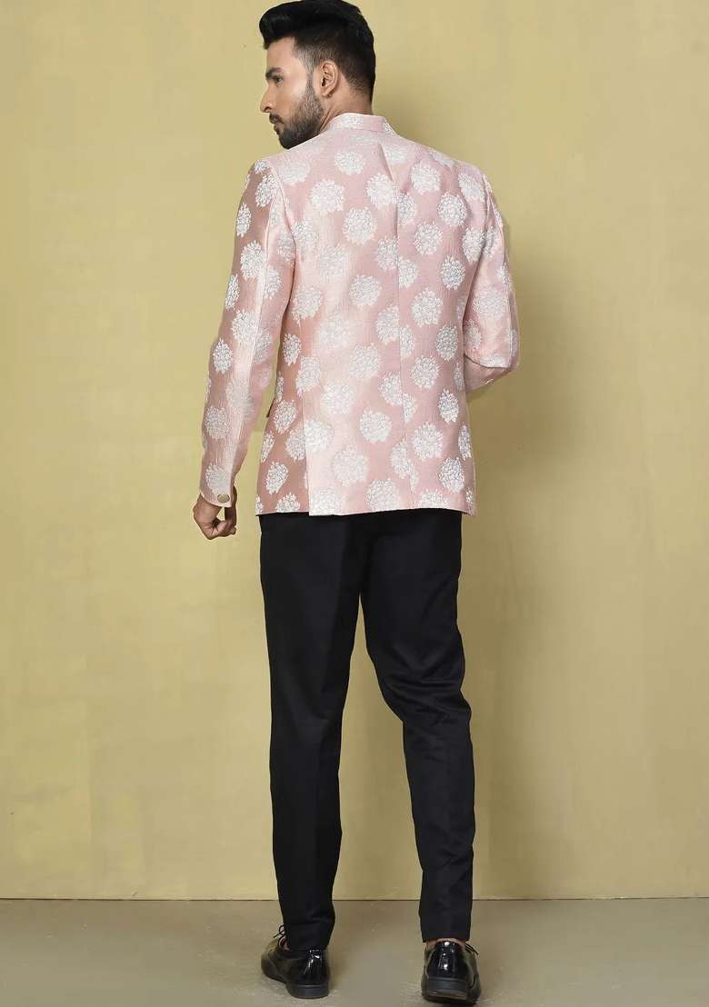 Rose Gold Embroidered Jacquard Bandhgala For Men - Indya