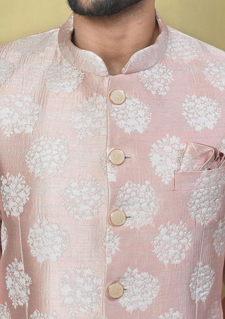 Rose Gold Embroidered Jacquard Bandhgala For Men