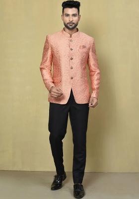 Peach Embroidered Jacquard Bandhgala For Men