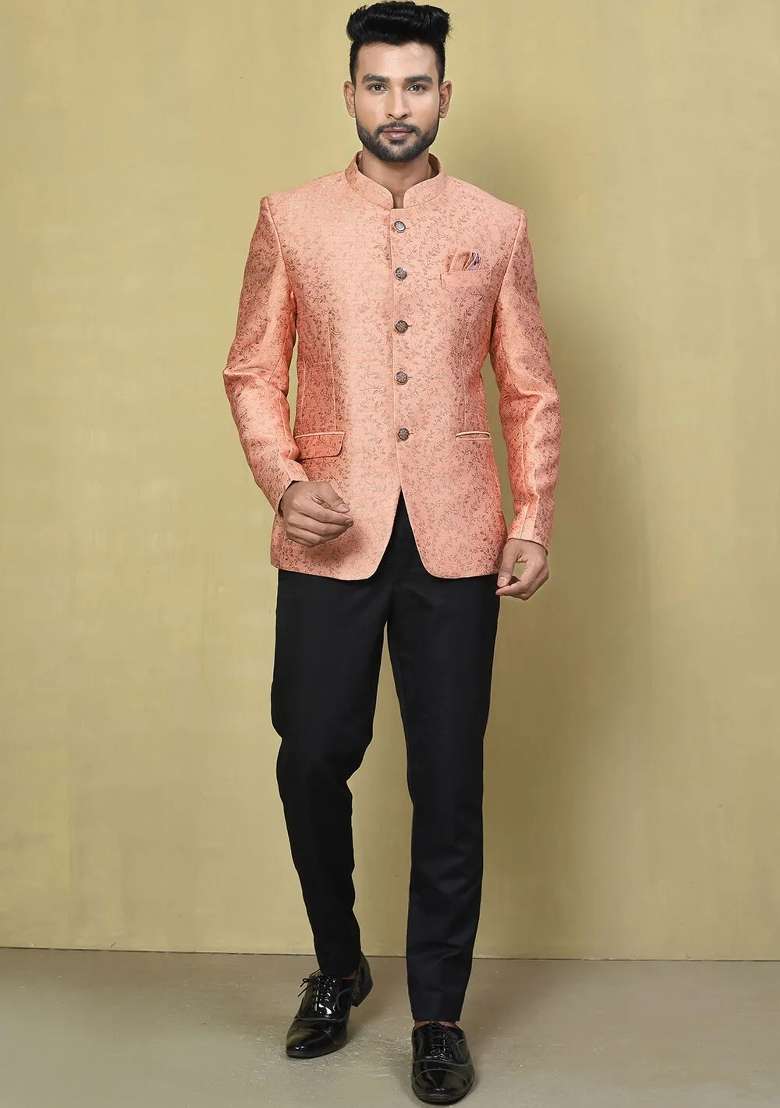 Peach Embroidered Jacquard Bandhgala For Men - Indya