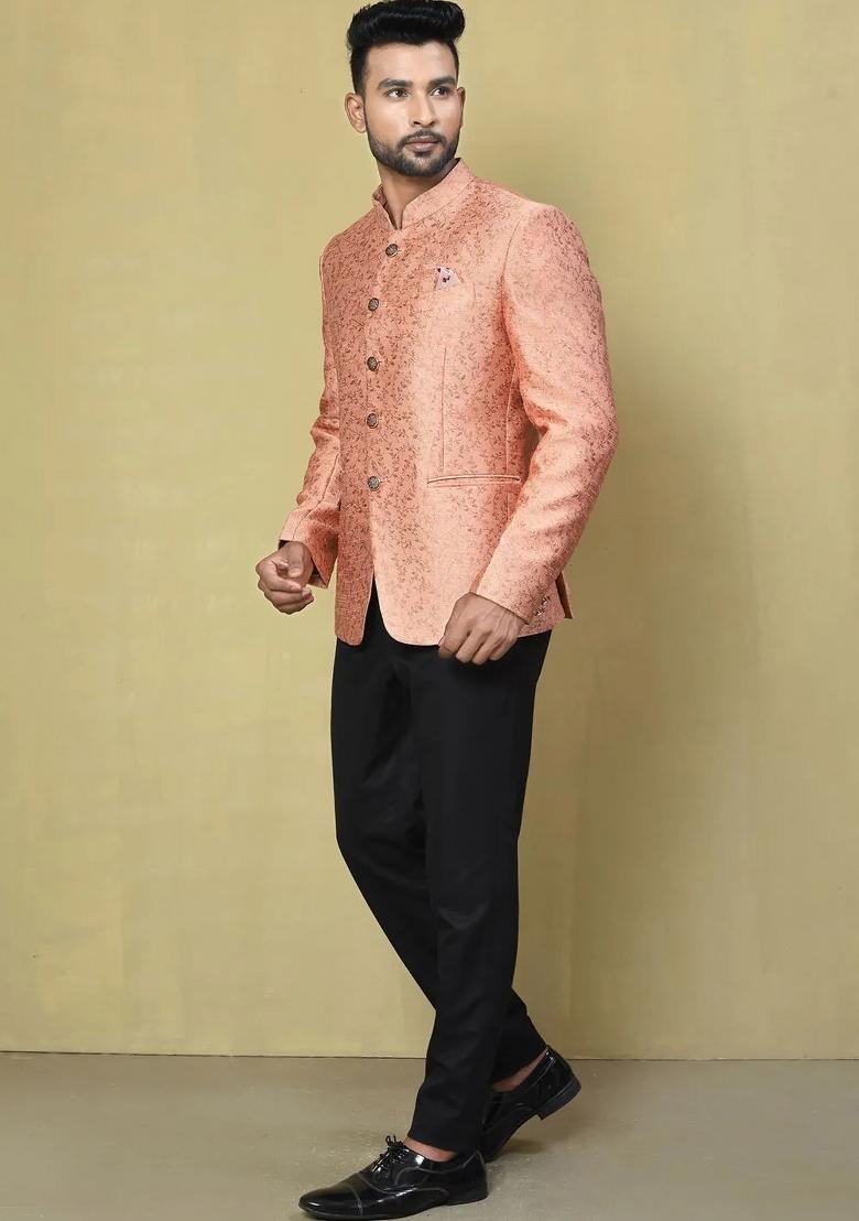 Peach Embroidered Jacquard Bandhgala For Men