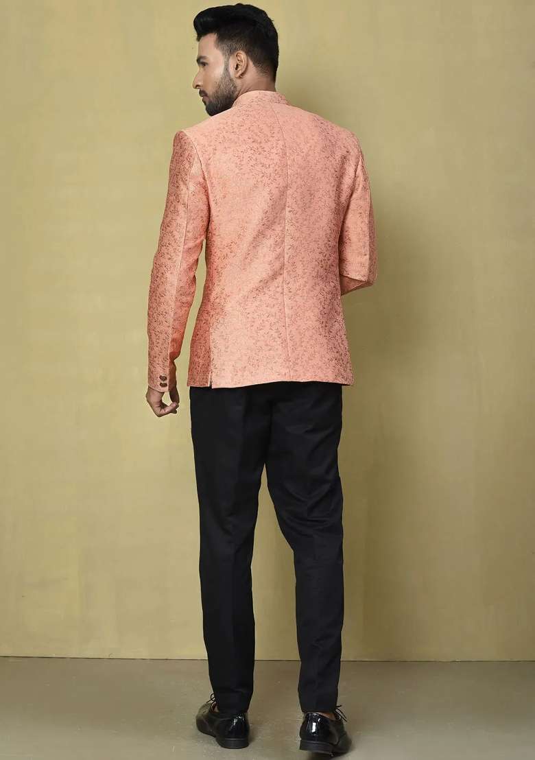 Peach Embroidered Jacquard Bandhgala For Men - Indya