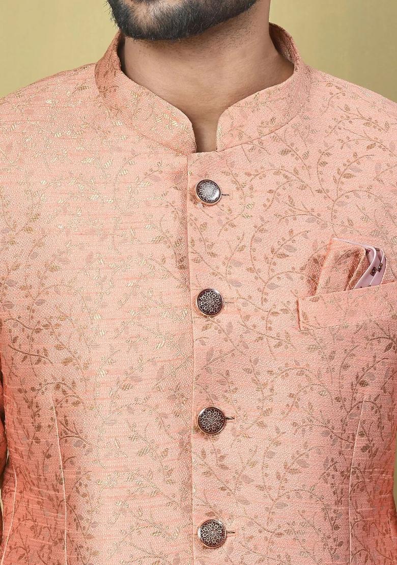 Peach Embroidered Jacquard Bandhgala For Men