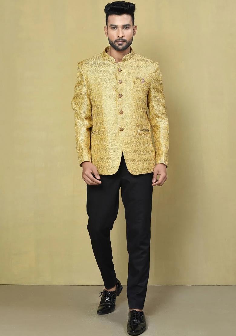 Gold Embroidered Jacquard Bandhgala For Men