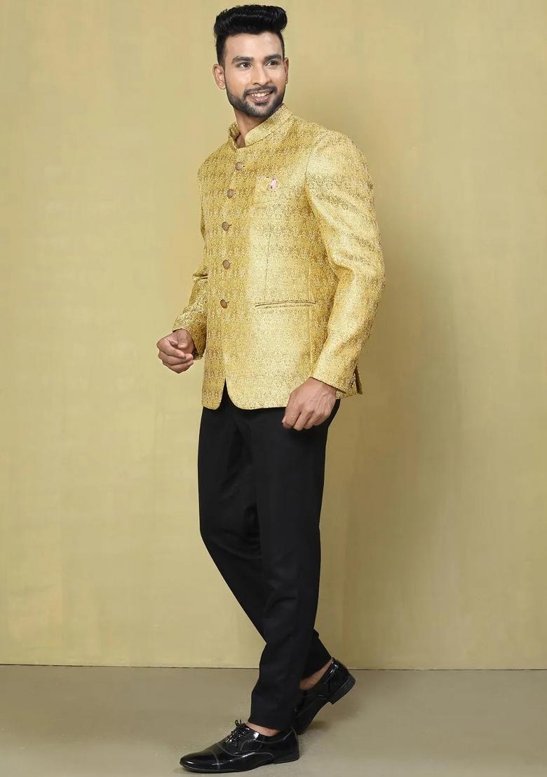 Gold Embroidered Jacquard Bandhgala For Men