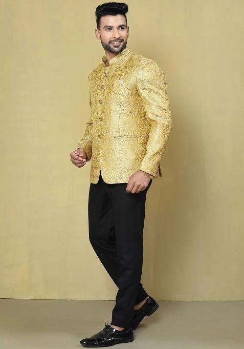 Gold Embroidered Jacquard Bandhgala For Men