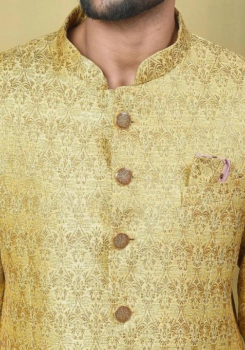 Gold Embroidered Jacquard Bandhgala For Men