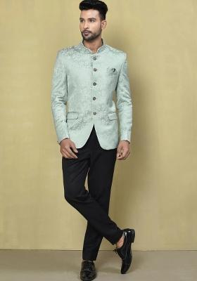 Teal Green Embroidered Jacquard Bandhgala For Men