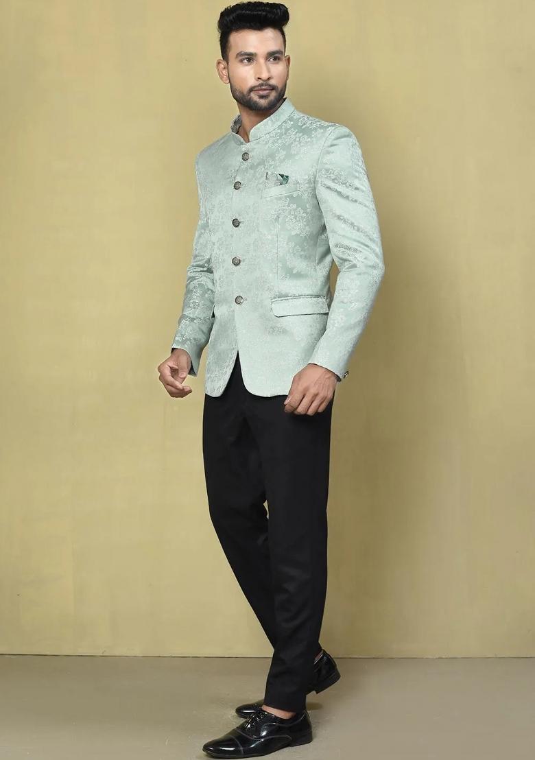 Teal Green Embroidered Jacquard Bandhgala For Men