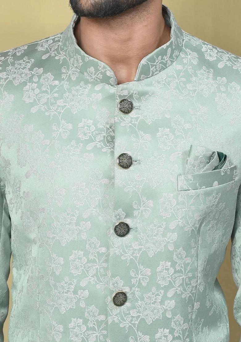 Teal Green Embroidered Jacquard Bandhgala For Men