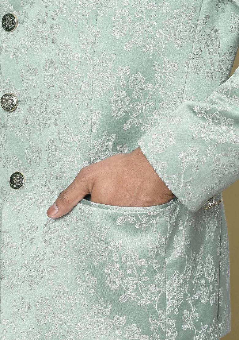 Teal Green Embroidered Jacquard Bandhgala For Men