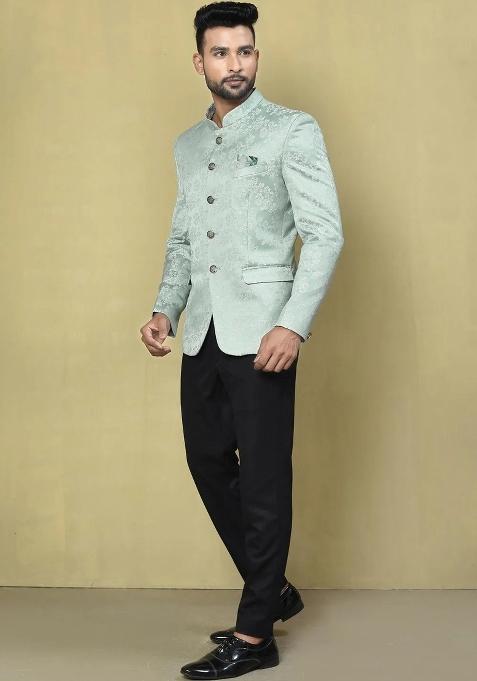 Teal Green Embroidered Jacquard Bandhgala For Men