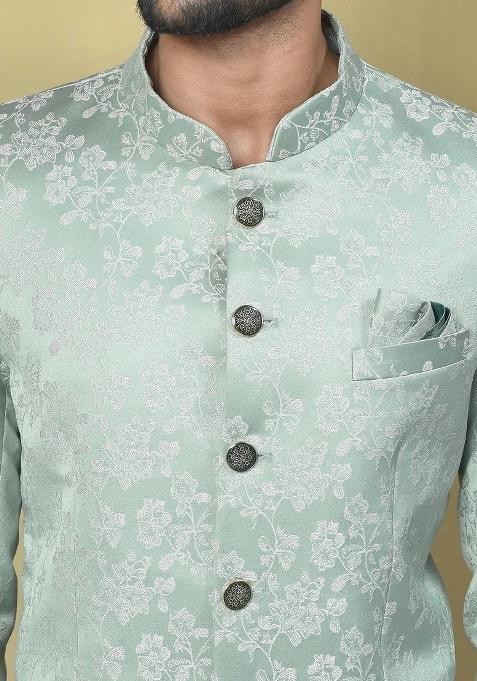Teal Green Embroidered Jacquard Bandhgala For Men
