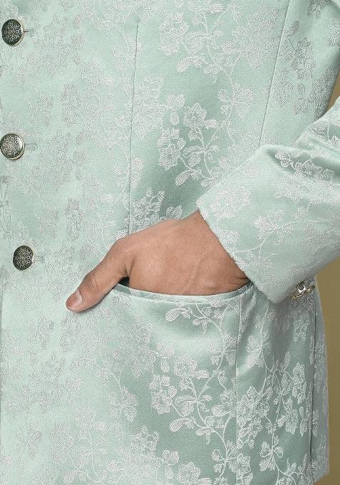 Teal Green Embroidered Jacquard Bandhgala For Men