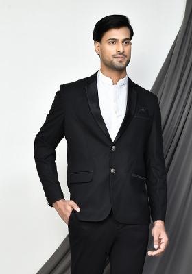 Black Embroidered Terry Rayon Blazer For Men