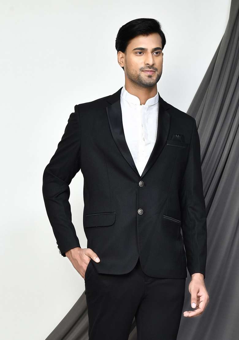 Black Embroidered Terry Rayon Blazer For Men - Indya