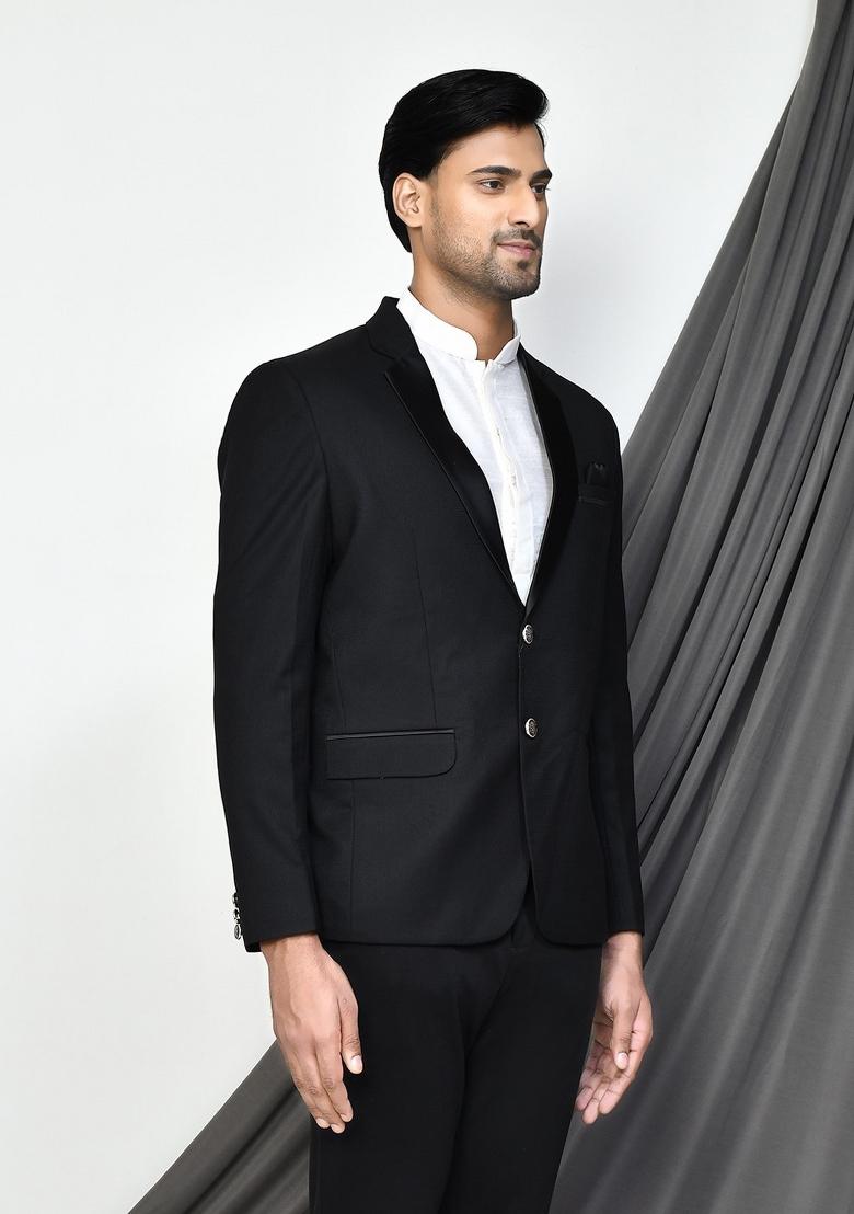 Black Embroidered Terry Rayon Blazer For Men