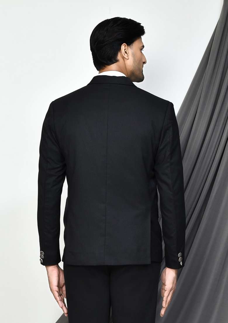 Black Embroidered Terry Rayon Blazer For Men - Indya