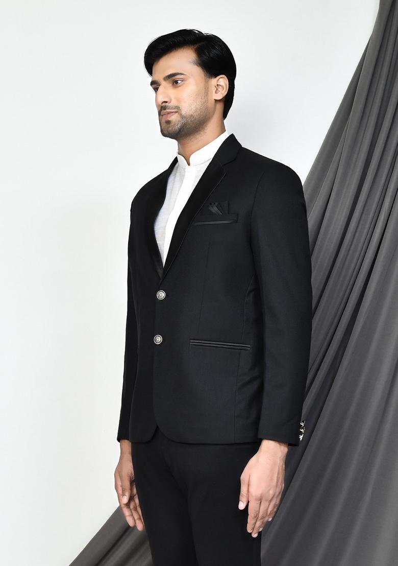 Black Embroidered Terry Rayon Blazer For Men