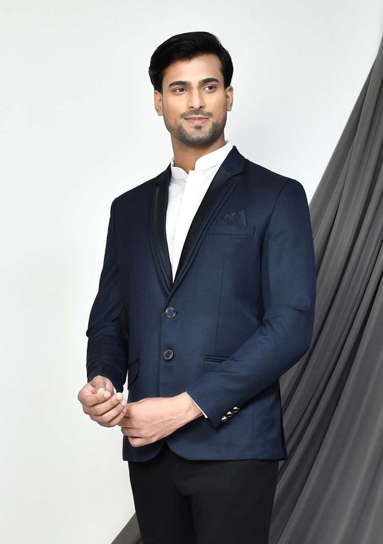 Navy Blue Embroidered Terry Rayon Blazer For Men - Indya