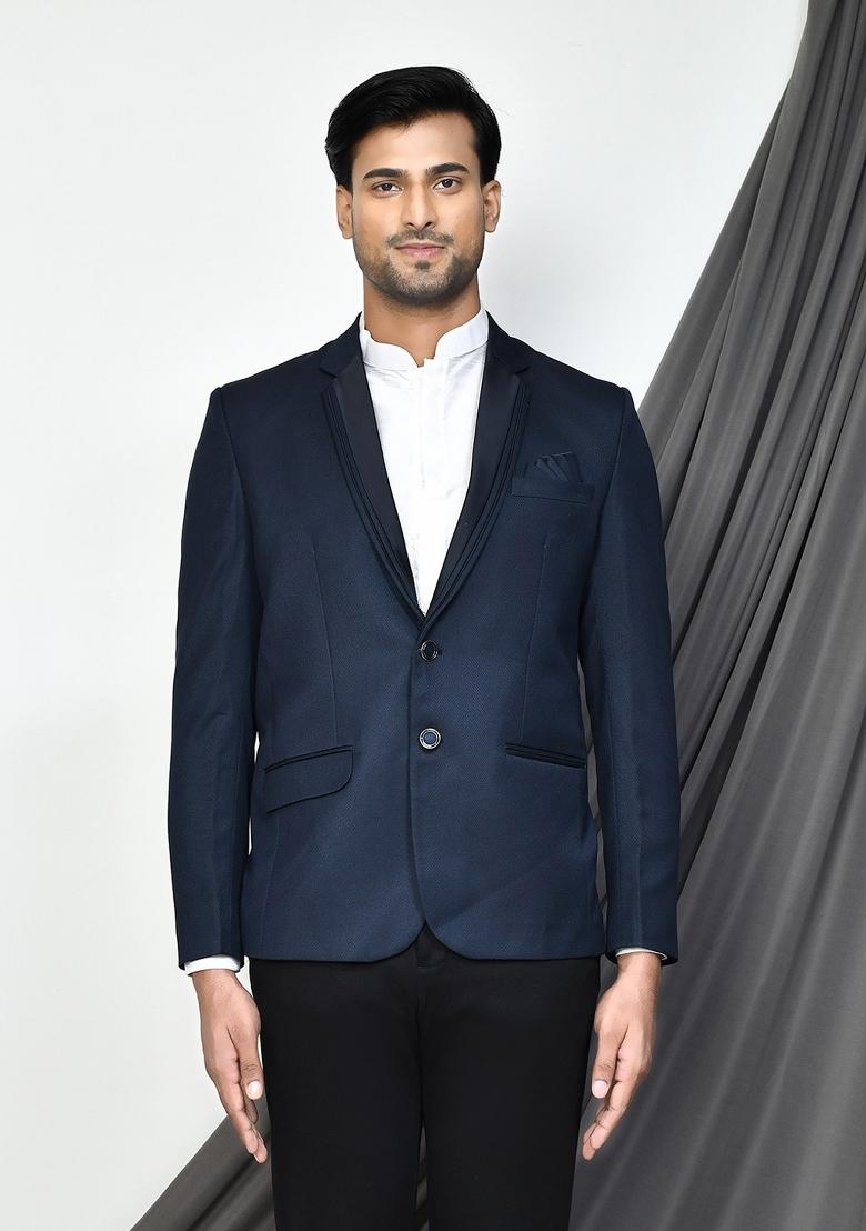 Navy Blue Embroidered Terry Rayon Blazer For Men