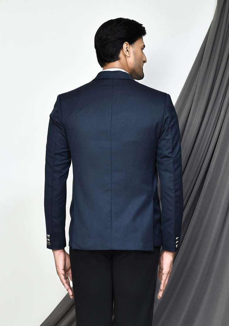 Navy Blue Embroidered Terry Rayon Blazer For Men - Indya