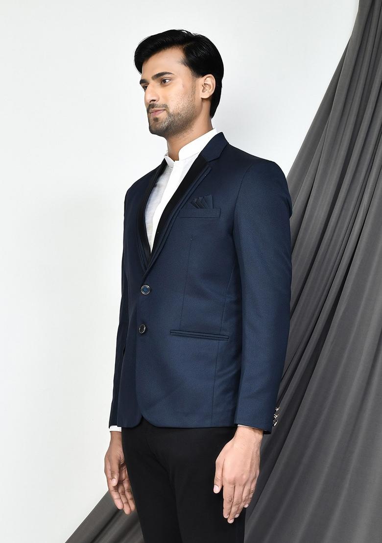 Navy Blue Embroidered Terry Rayon Blazer For Men
