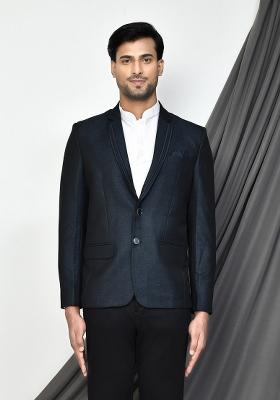 Blue Embroidered Terry Rayon Blazer For Men