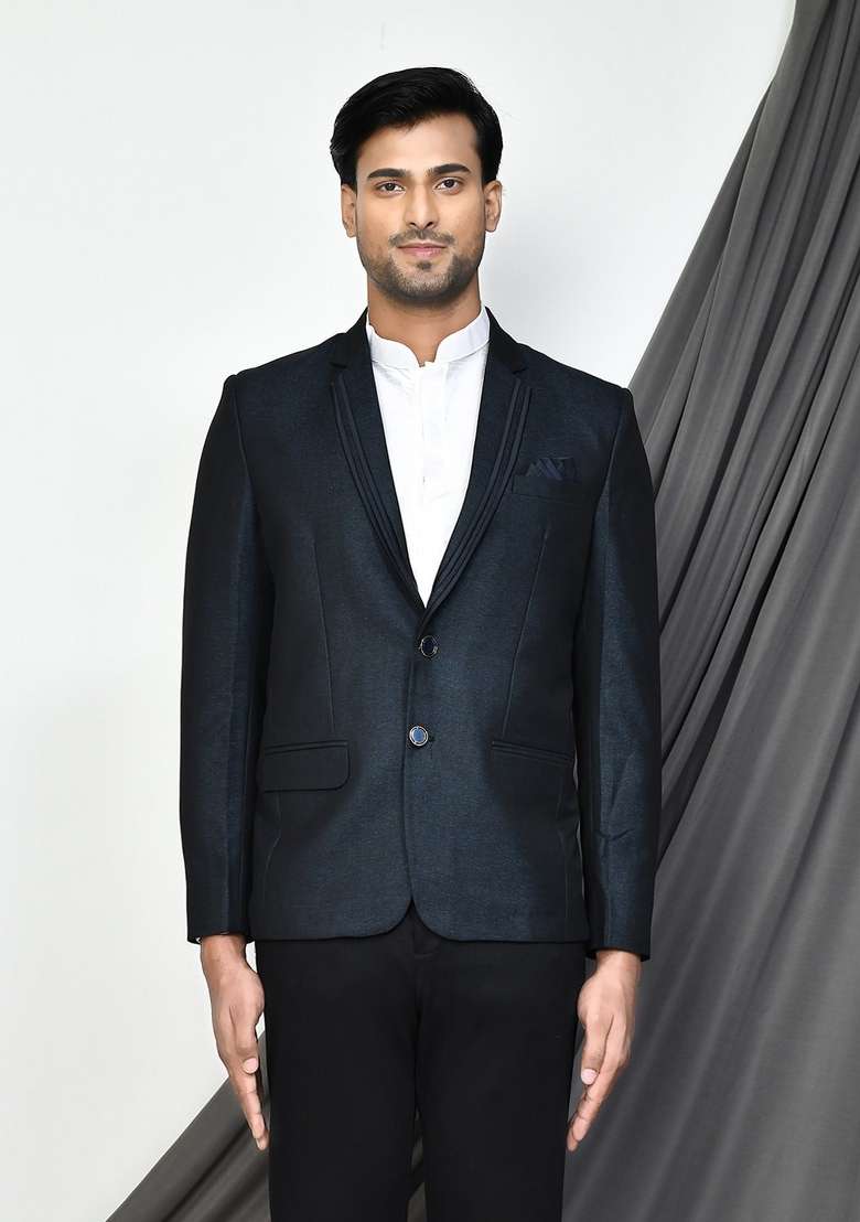 Blue Embroidered Terry Rayon Blazer For Men - Indya