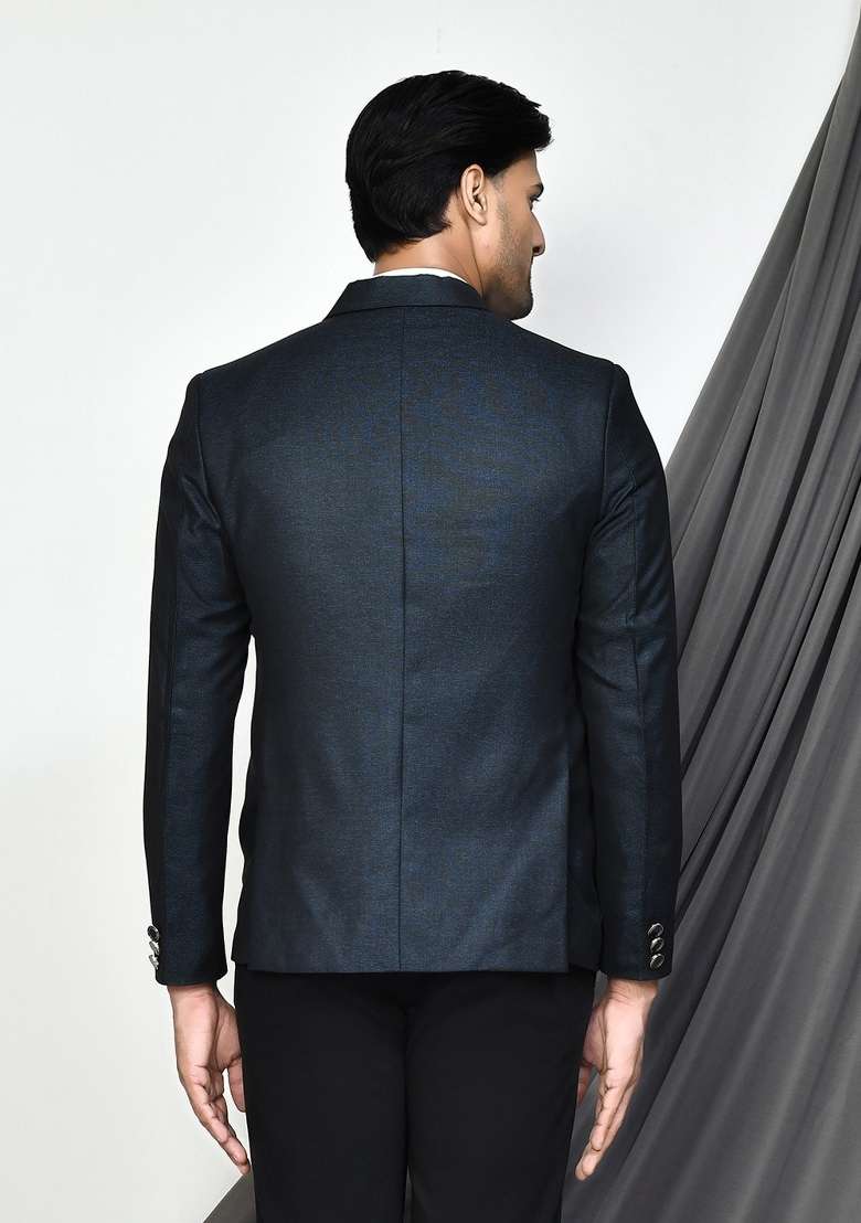 Blue Embroidered Terry Rayon Blazer For Men - Indya