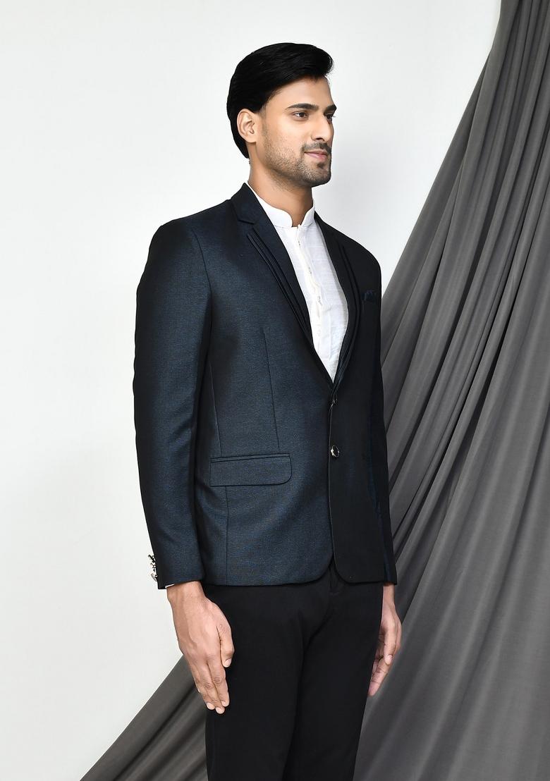 Blue Embroidered Terry Rayon Blazer For Men