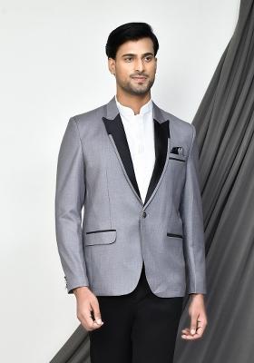 Grey Embroidered Terry Rayon Blazer For Men