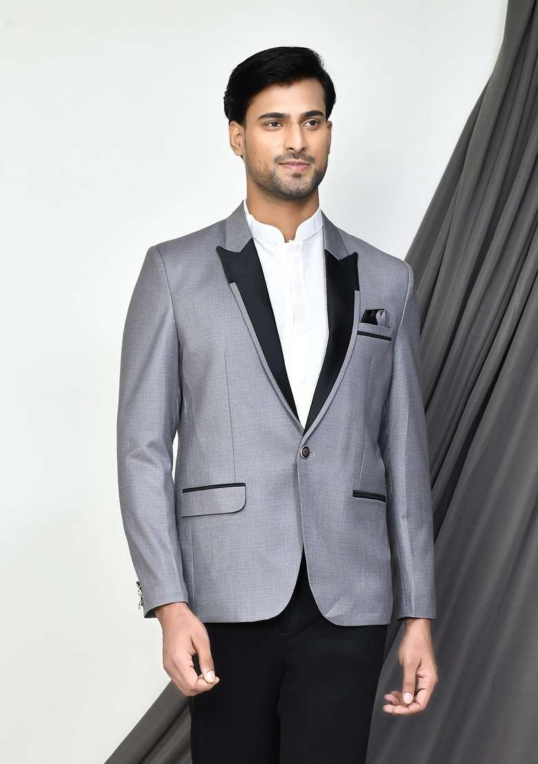 Grey Embroidered Terry Rayon Blazer For Men - Indya