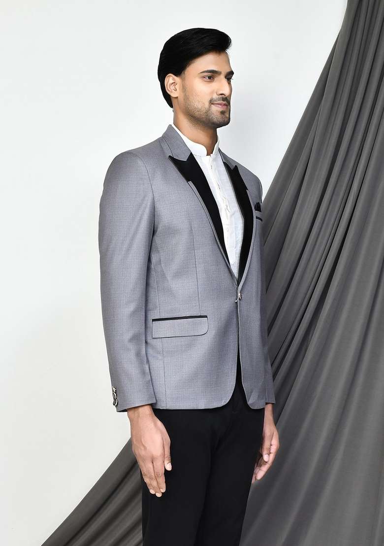 Grey Embroidered Terry Rayon Blazer For Men - Indya