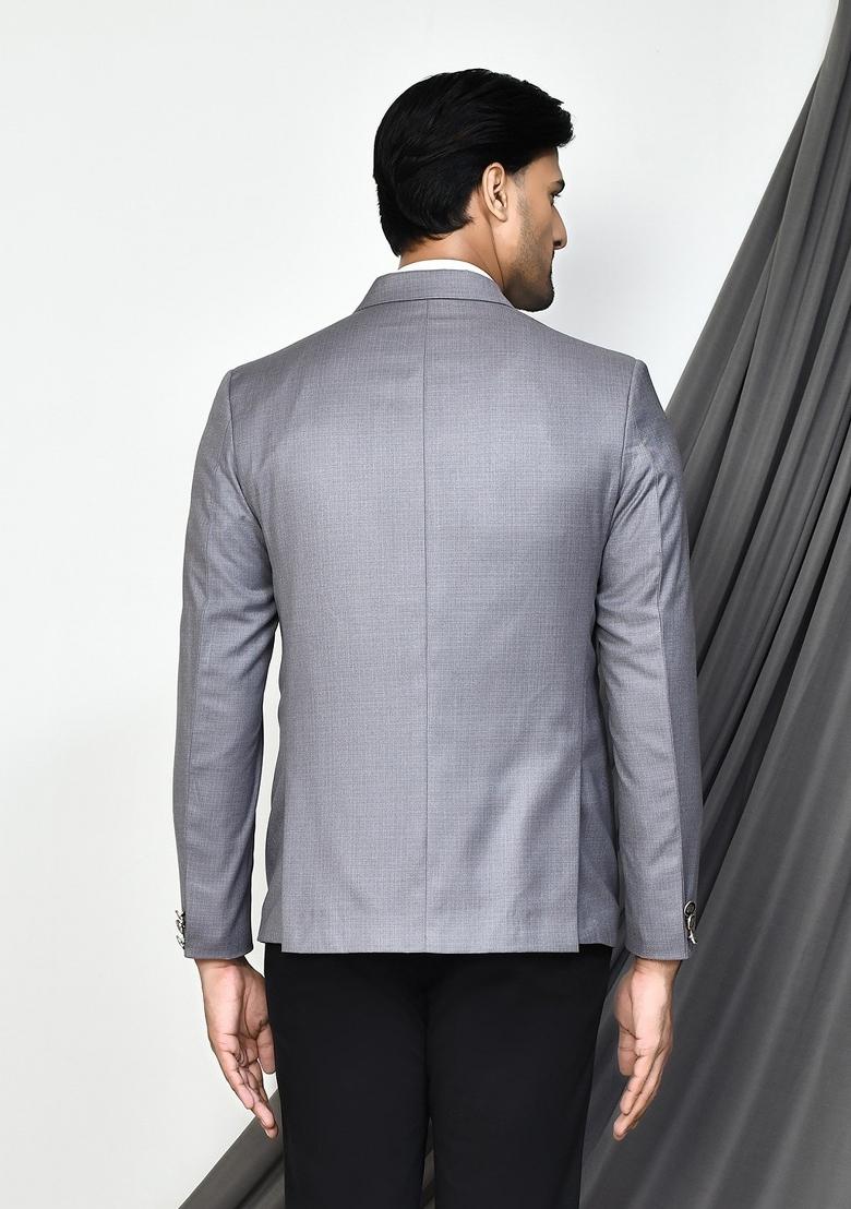 Grey Embroidered Terry Rayon Blazer For Men