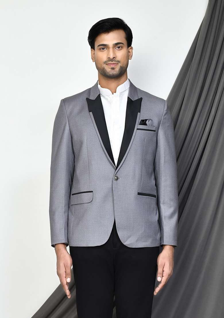 Grey Embroidered Terry Rayon Blazer For Men - Indya
