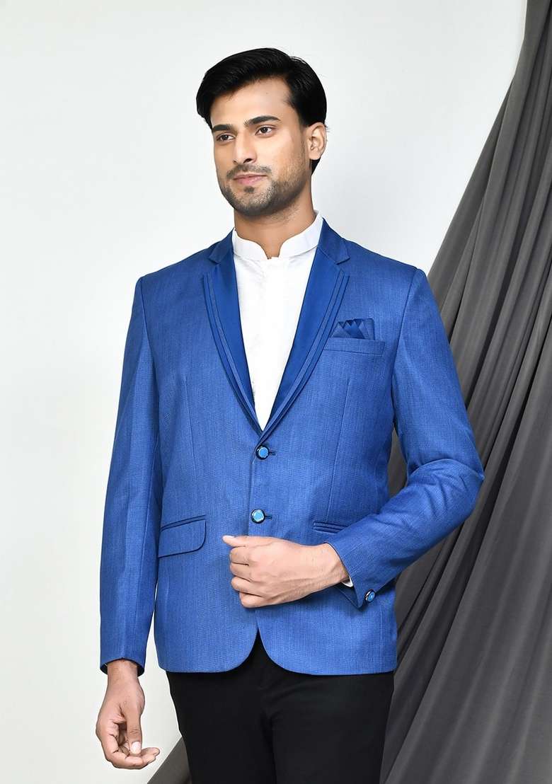 Light Blue Embroidered Terry Rayon Blazer For Men - Indya