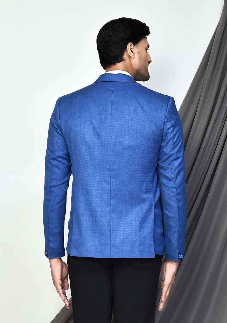 Light Blue Embroidered Terry Rayon Blazer For Men - Indya