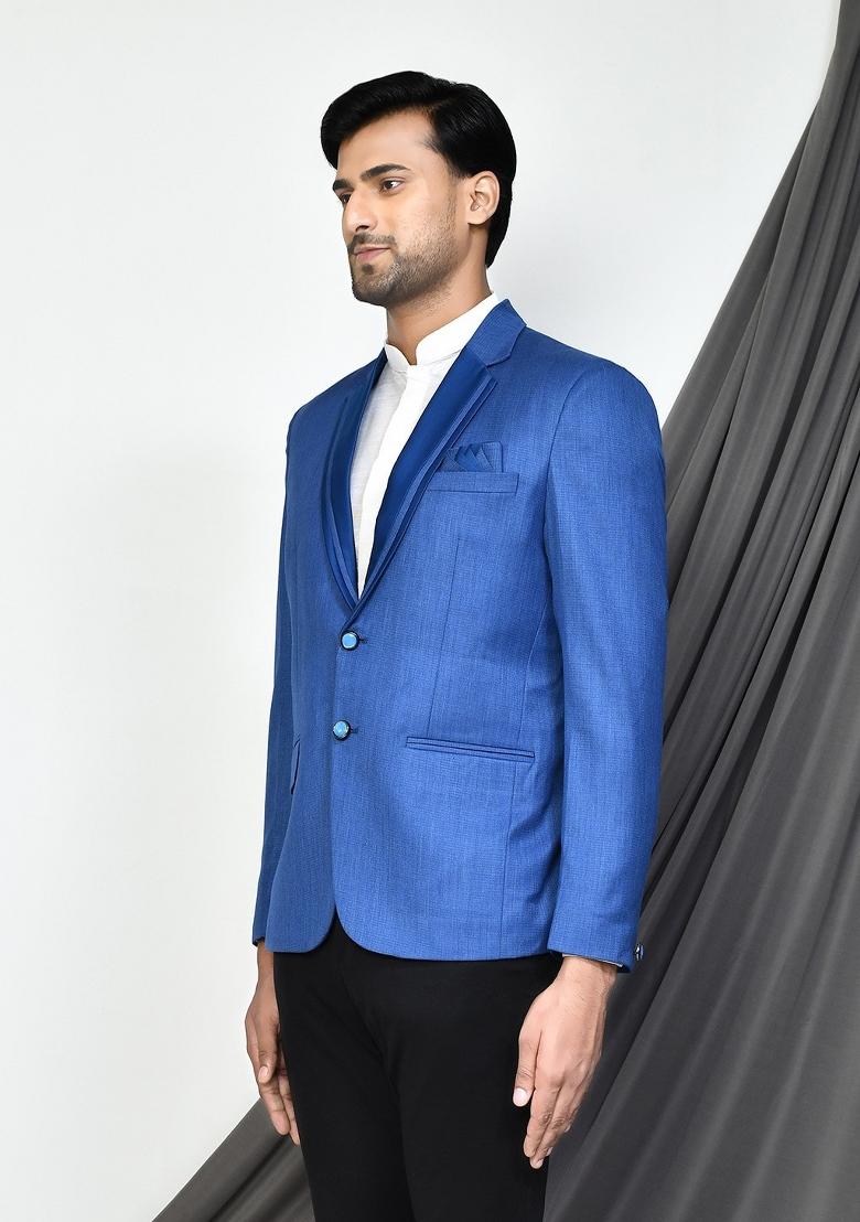 Light Blue Embroidered Terry Rayon Blazer For Men