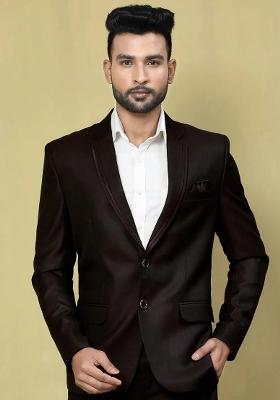 Burgundy Embroidered Terry Rayon Blazer For Men