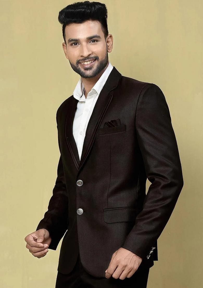 Burgundy Embroidered Terry Rayon Blazer For Men