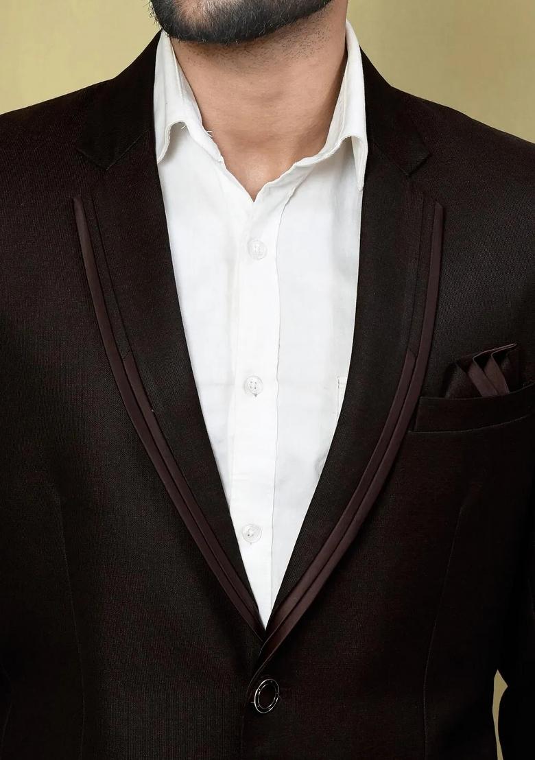 Burgundy Embroidered Terry Rayon Blazer For Men