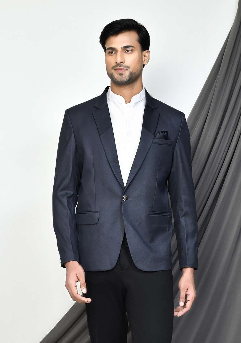 Dark Grey Embroidered Terry Rayon Blazer For Men - Indya