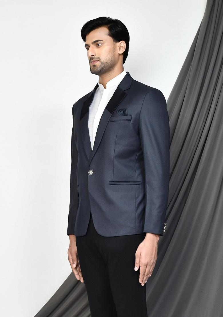 Dark Grey Embroidered Terry Rayon Blazer For Men