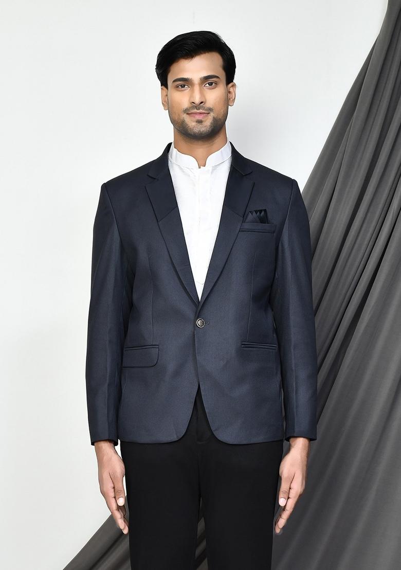 Dark Grey Embroidered Terry Rayon Blazer For Men