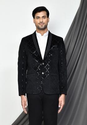 Black Embroidered Velvet Blazer For Men