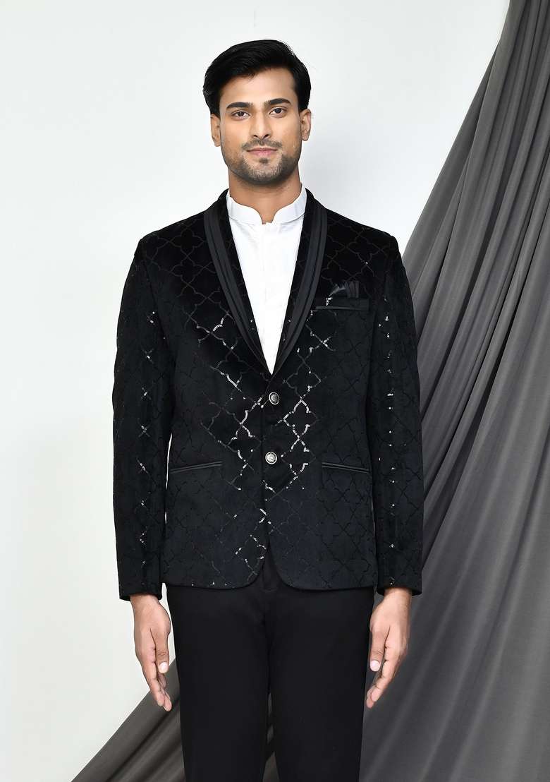 Black Embroidered Velvet Blazer For Men - Indya