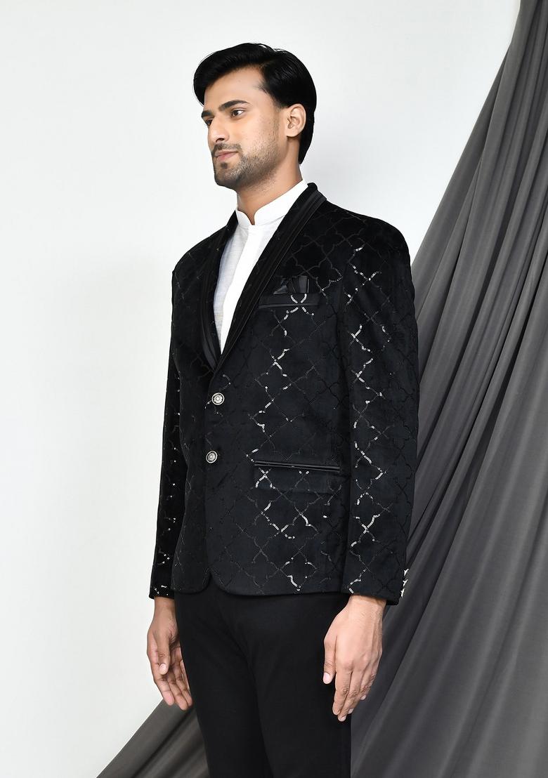 Black Embroidered Velvet Blazer For Men